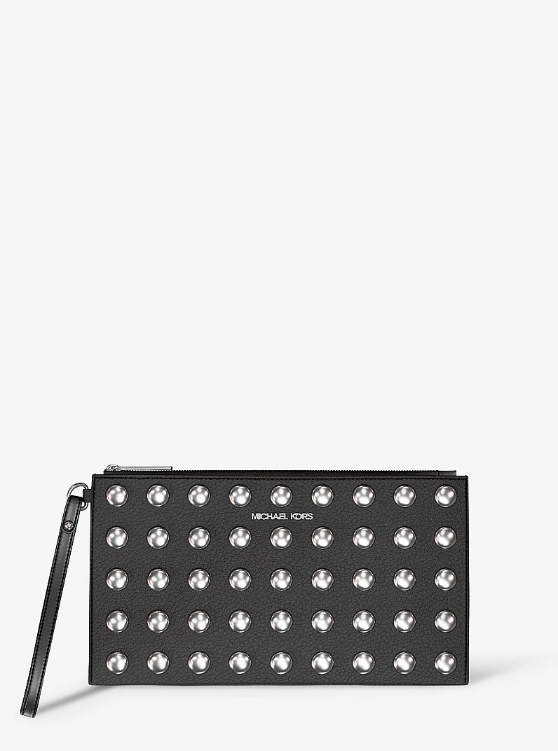 Jet Set Large Studded Pebbled Leather Wristlet in BLACK | Michael Kors