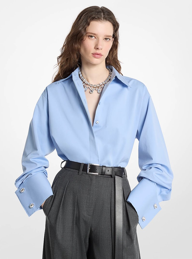 Camisa de popelina de algod&oacute;n con pu&ntilde;os franceses y ribete deshilachado in DELFT | Michael Kors
