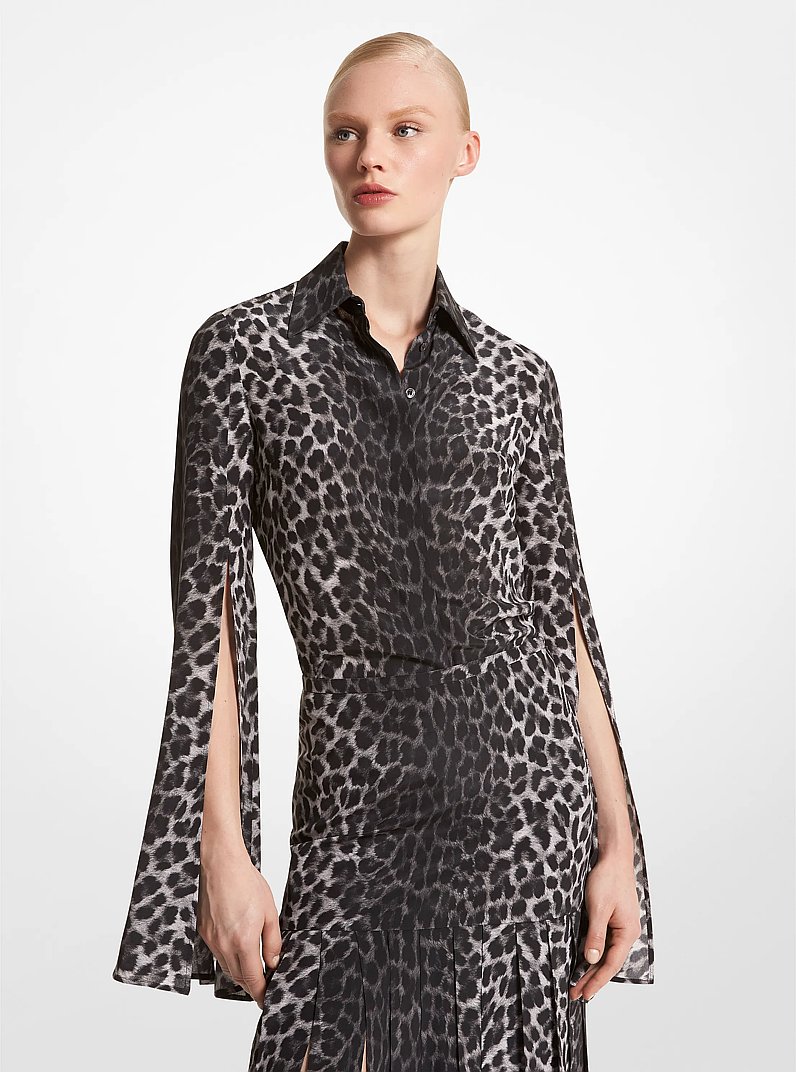 Leopard Silk Crepe De Chine Slit-Sleeve Shirt in GRAPHITE MUL | Michael Kors