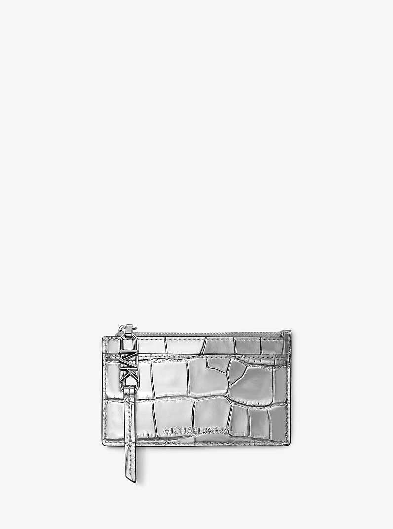 Empire Small Metallic Crocodile Embossed Leather Card Case in SILVER | Michael Kors