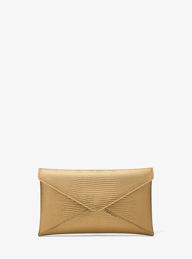 Mia Metallic Lizard Embossed Leather Envelope Clutch in GOLD | Michael Kors