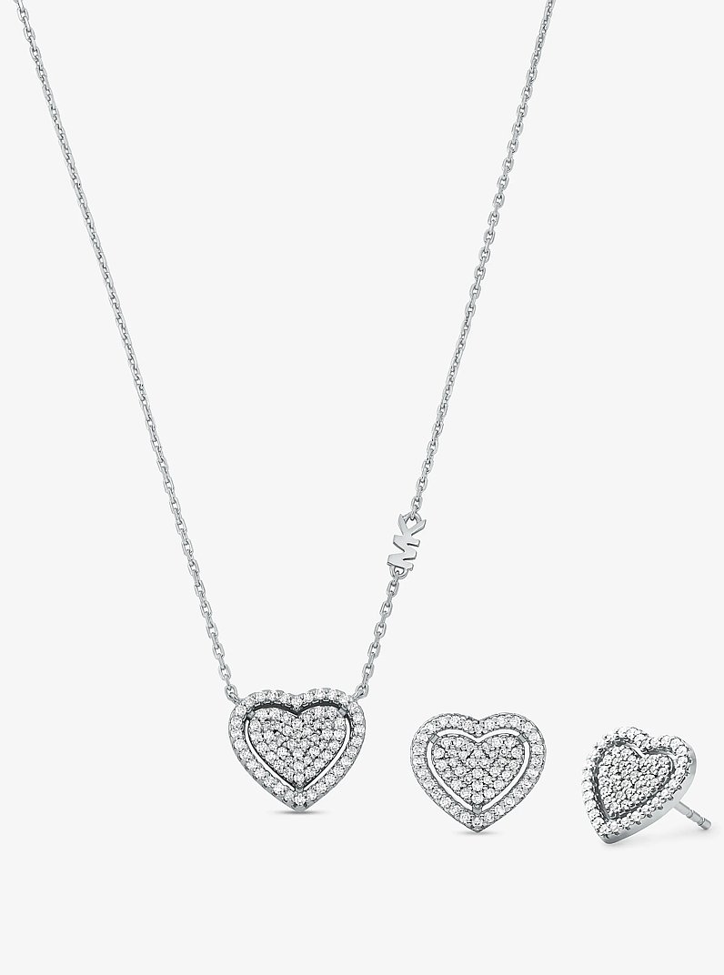 Precious Metal-Plated Sterling Silver Pav&eacute; Heart Necklace and Earrings Gift Set in SILVER | Michael Kors