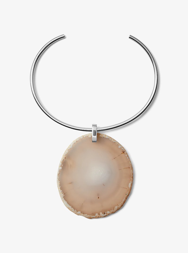 Precious Metal-Plated Brass and Agate Collar Necklace in SILVER/TAUPE | Michael Kors