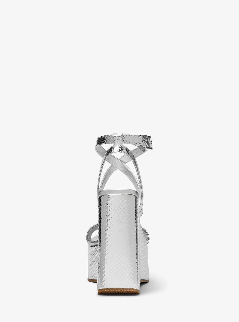 Paola Metallic Snake Embossed Leather Wedge Sandal in SILVER | Michael Kors