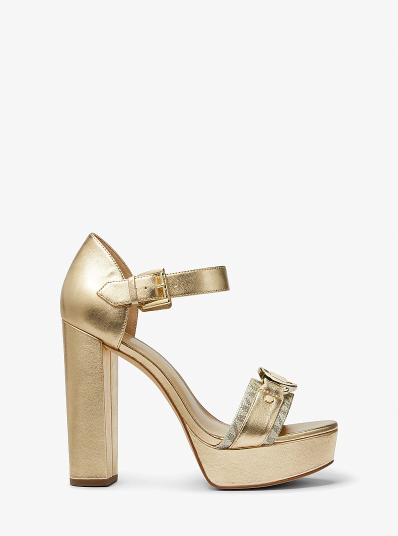 Rory Metallic Leather and Signature Logo Platform Sandal in PALE GOLD | Michael Kors