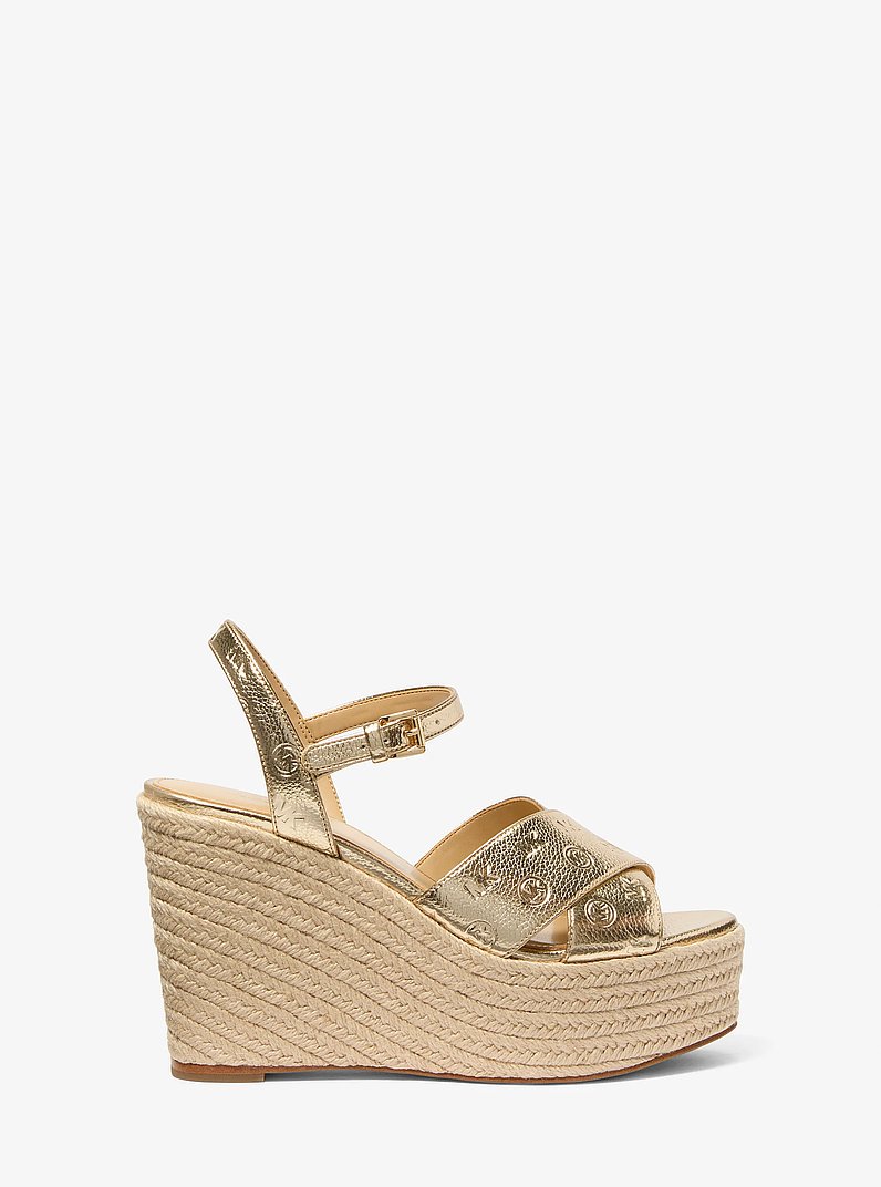 Luciana Metallic Logo Debossed Wedge Sandal in PALE GOLD | Michael Kors