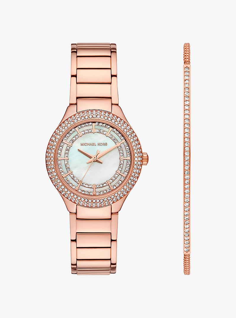 Mini Sylvia Pav&eacute; Rose Gold-Tone Watch and Bracelet Gift Set in ROSE GOLD | Michael Kors