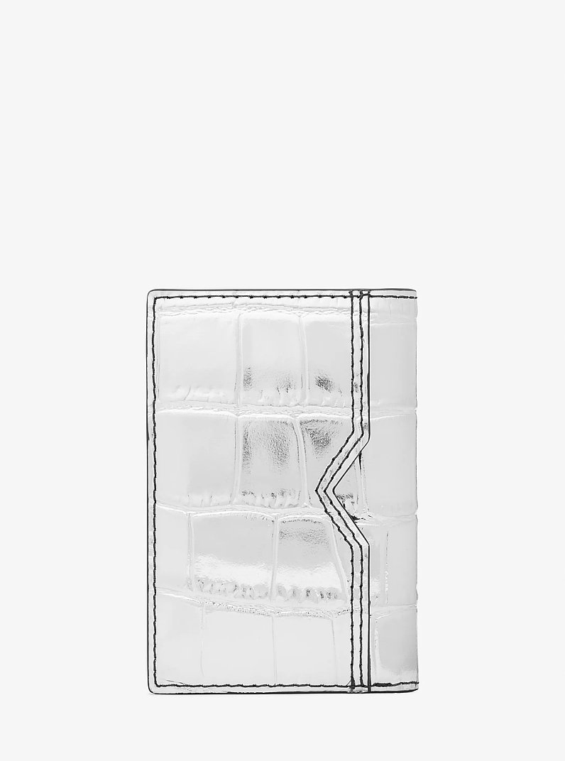 Hudson Metallic Crocodile Embossed Leather Bi-Fold Card Case in SILVER | Michael Kors