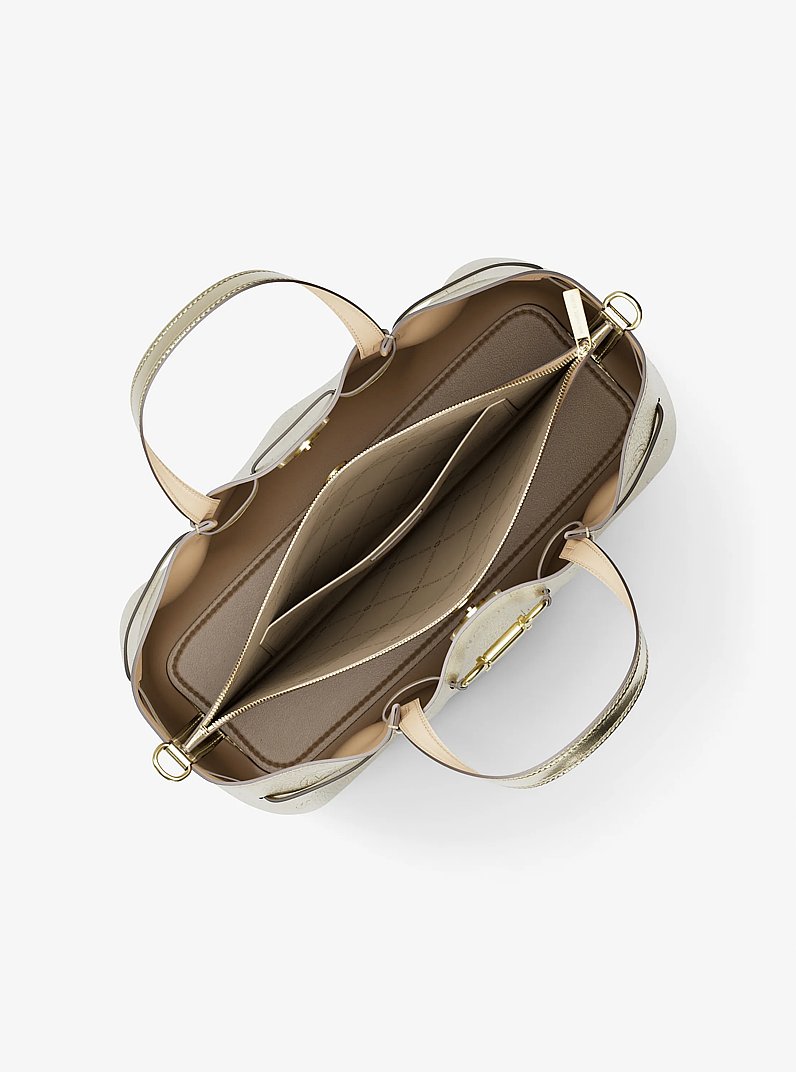 Carson Medium Metallic Logo Debossed Satchel in PALE GOLD | Michael Kors