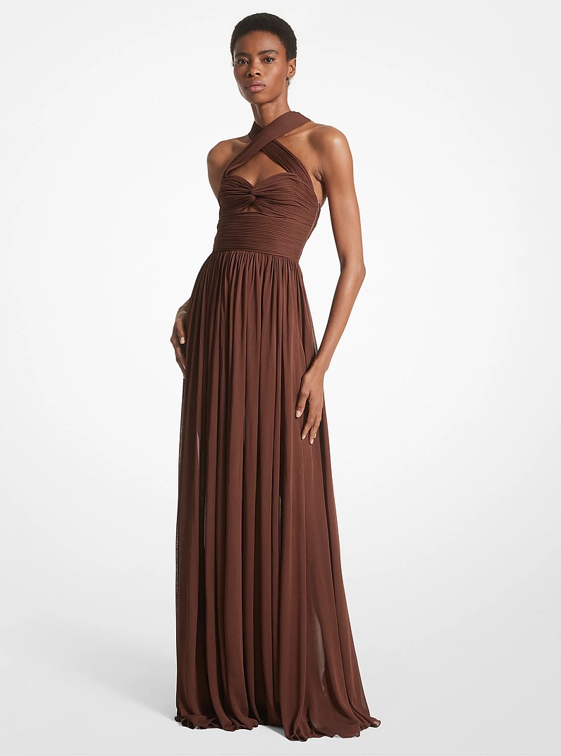 Chiffon Jersey Cross-Front Gown in NUTMEG | Michael Kors