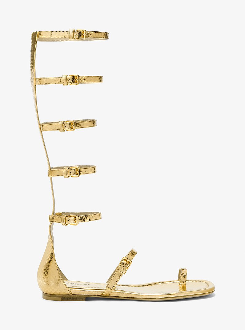 Juliette Metallic Python Embossed Leather Gladiator Sandal in GOLD | Michael Kors