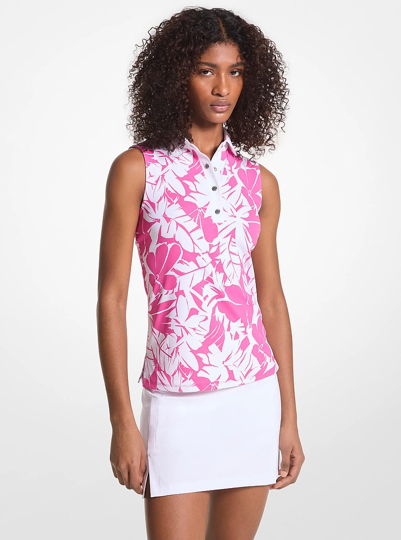 Golf Palm Print Tech Performance Sleeveless Polo Shirt in CERISE | Michael Kors