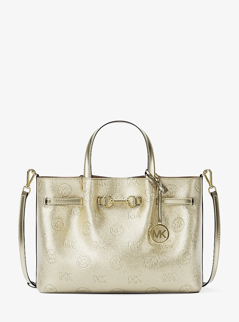 Carson Medium Metallic Logo Debossed Satchel in PALE GOLD | Michael Kors