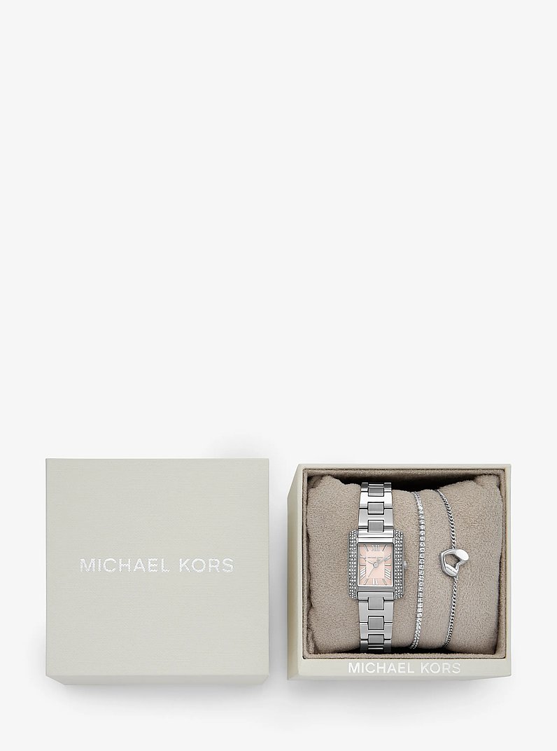 Mini Emery Silver-Tone Watch and Bracelet Gift Set in SILVER | Michael Kors
