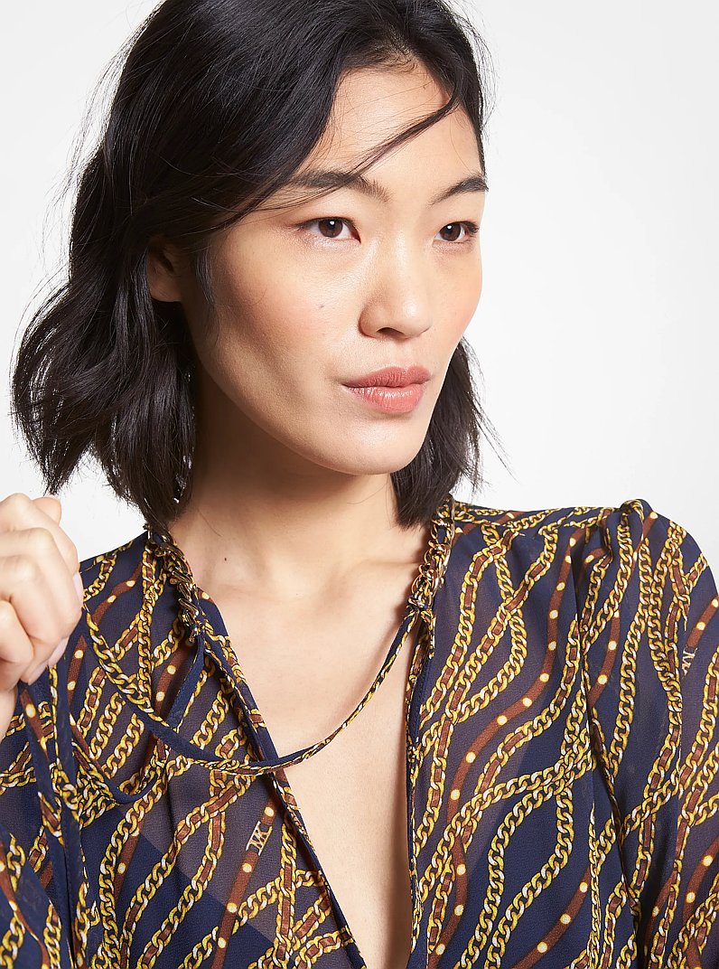 Status Print Georgette Babydoll Dress in MIDNIGHTBLUE | Michael Kors