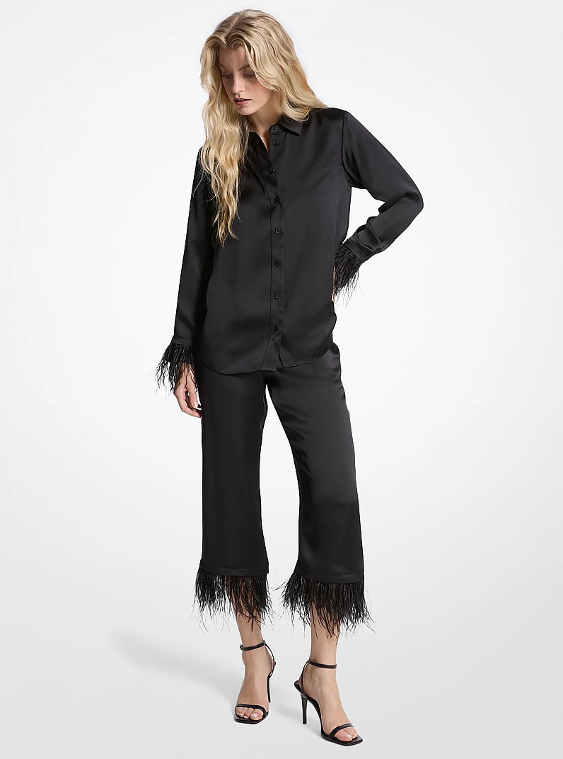 Feather Trim Satin Pajama Pants in BLACK | Michael Kors