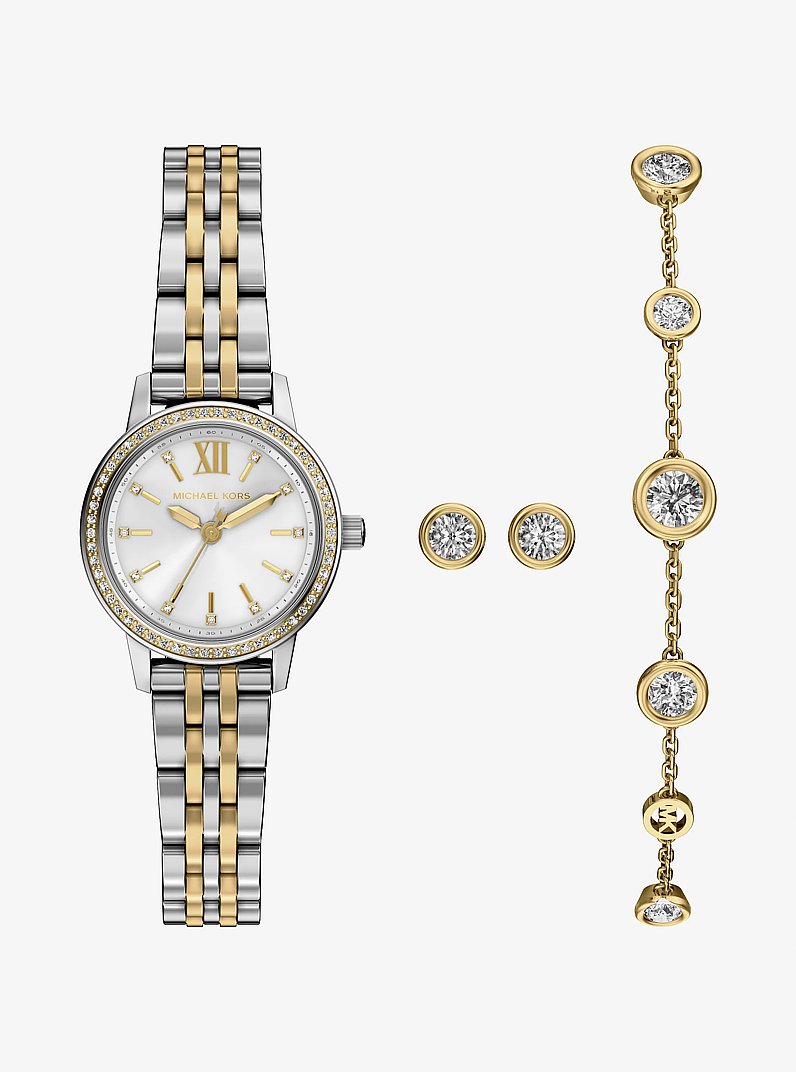 Mini Melissa Pav&eacute; Two-Tone Watch and Jewelry Set in TWO TONE | Michael Kors