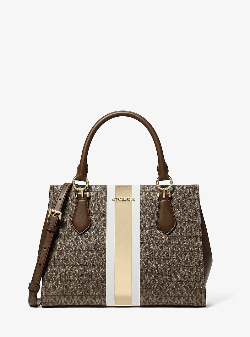 Marilyn Medium Signature Logo Stripe Satchel in BROWN | Michael Kors
