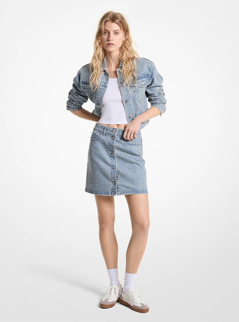 Crystal Embellished Washed Denim Mini Skirt in SUNFADE WASH | Michael Kors