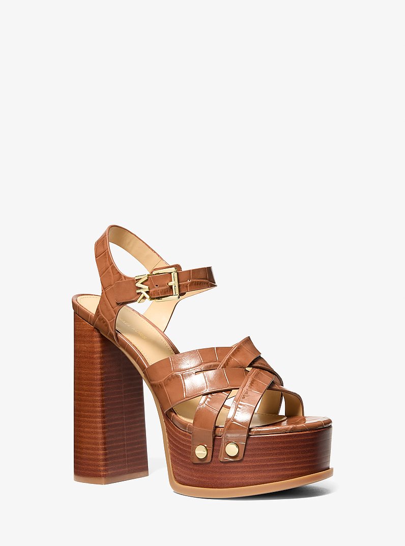 Nora Crocodile Embossed Leather Platform Sandal in LUGGAGE | Michael Kors