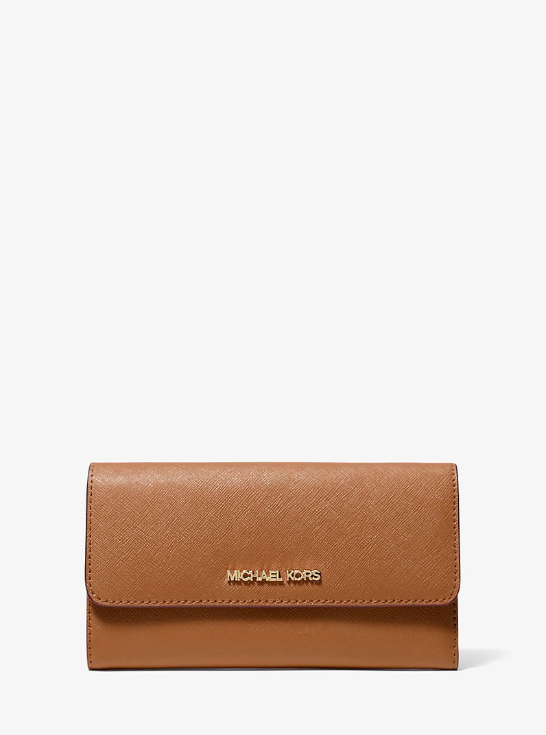 Cartera Jet Set Travel de piel de grano cruzado con tres pliegues in LUGGAGE | Michael Kors