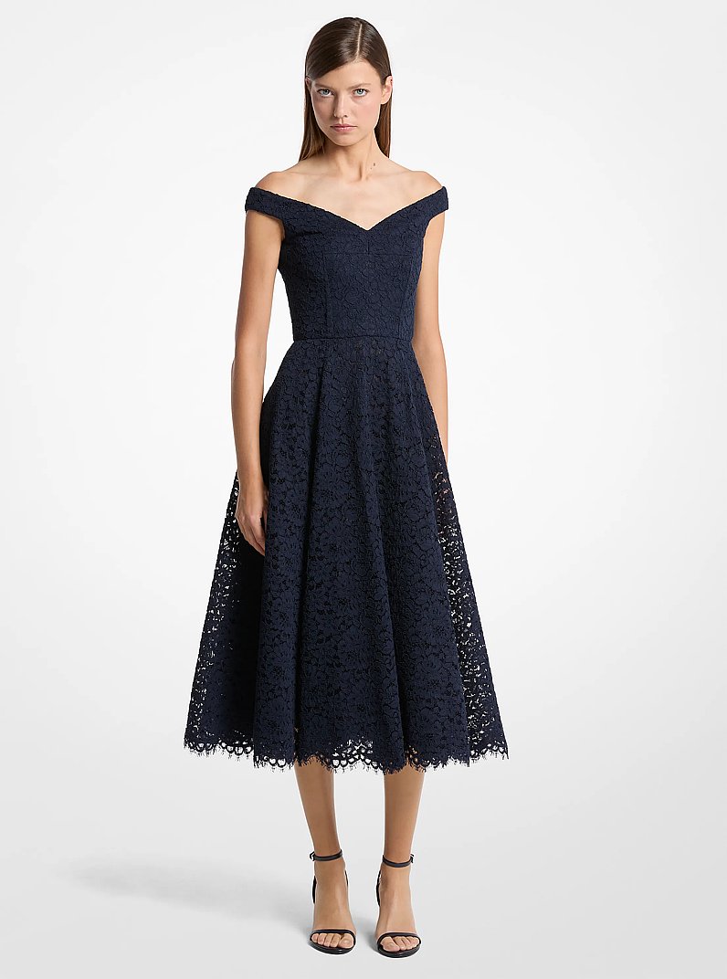 Corded Floral Lace Portrait-Neck Dress in MIDNIGHT | Michael Kors