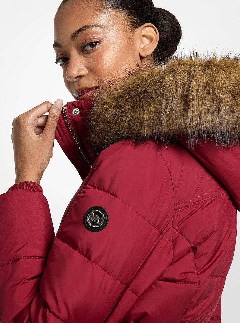 Faux Fur Trim Belted Puffer Jacket in MAROON | Michael Kors