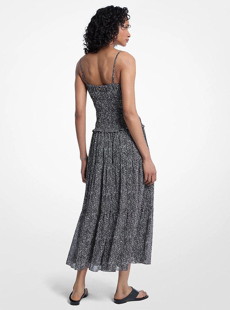 Abito in georgette con punto smock e stampa astratta in NERO/OSSO | Michael Kors