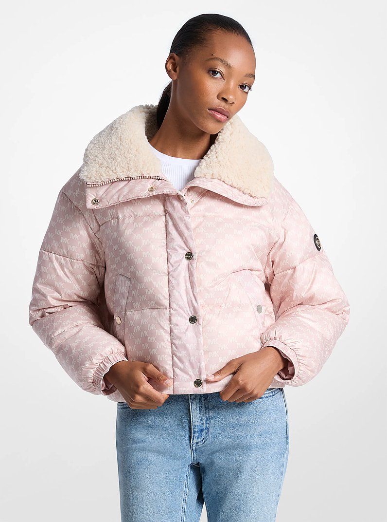 Logo Print and Sherpa Puffer Jacket in POWDER BLUSH | Michael Kors