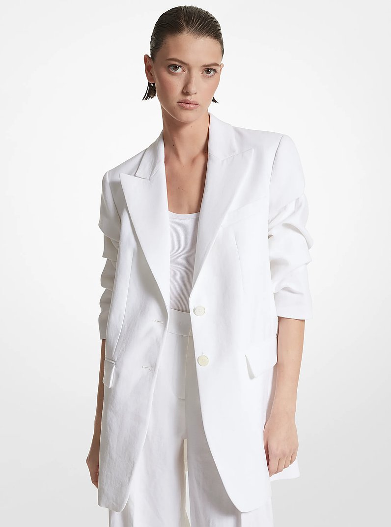 Linen Crushed-Sleeve Boyfriend Blazer