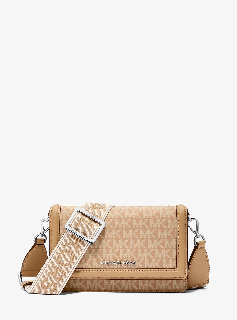 Jet Set Small Signature Logo Print Woven Smartphone Crossbody Bag in PEANUT | Michael Kors