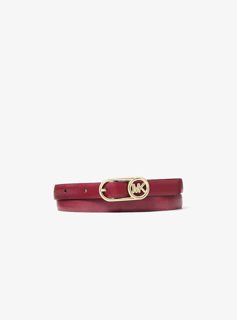 Logo Buckle Leather Belt in DEEP RED | Michael Kors