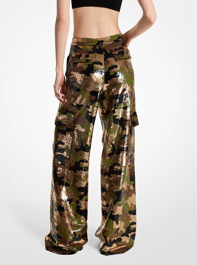 Sequined Camouflage Wide-Leg Cargo Pants in DARK CAMEL | Michael Kors