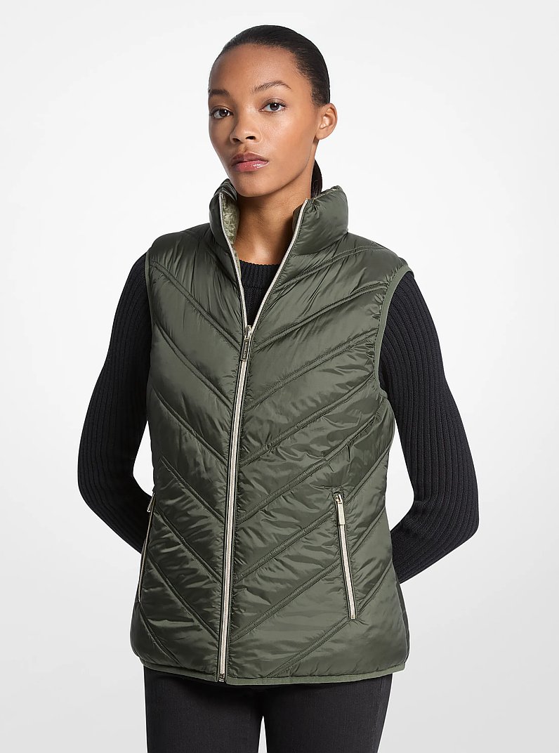 Chevron Quilted Logo Print and Nylon Packable Vest in OLIVE | Michael Kors