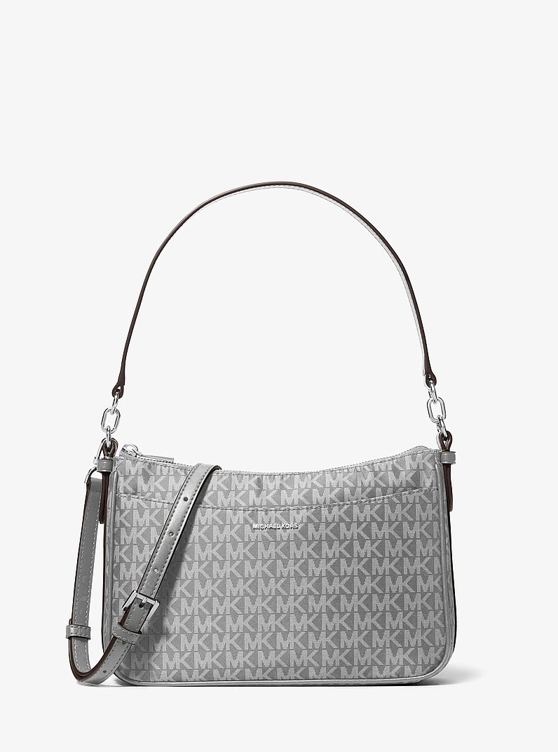 Jet Set Medium Signature Logo Print Woven Pochette Crossbody Bag in STORM | Michael Kors