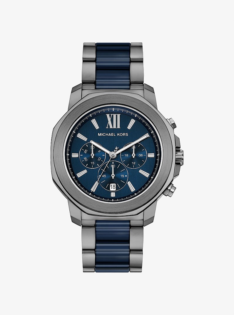 Oversized Prescott Gunmetal and Ceramic Watch in GUNMETAL/NAVY | Michael Kors