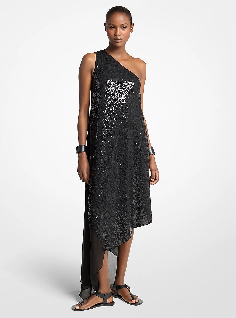 Hand-Embroidered Sequin Silk Georgette Asymmetric Dress
