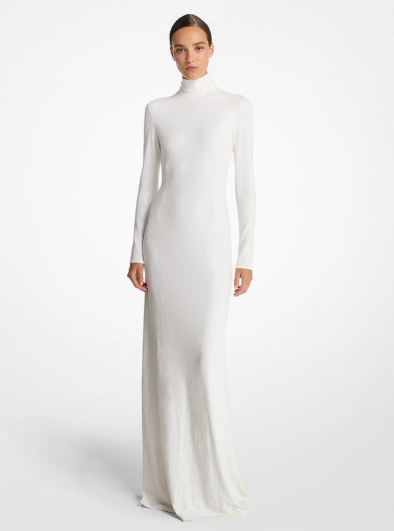 Vestido largo con cuello alto en jersey mate elastizado y lentejuelas bordadas a mano in BLANCO INTENSO | Michael Kors