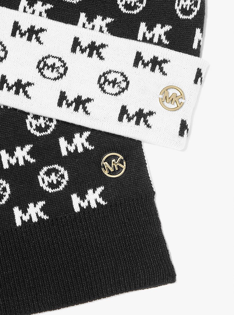 Logo Jacquard Knit Beanie Hat and Scarf Set in BLACK | Michael