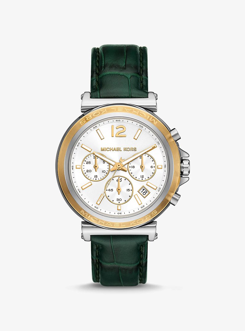 &Uuml;bergro&szlig;e Armbanduhr Maren im Silberton und Lederarmband mit Krokodilpr&auml;gung in GR&Uuml;N | Michael Kors