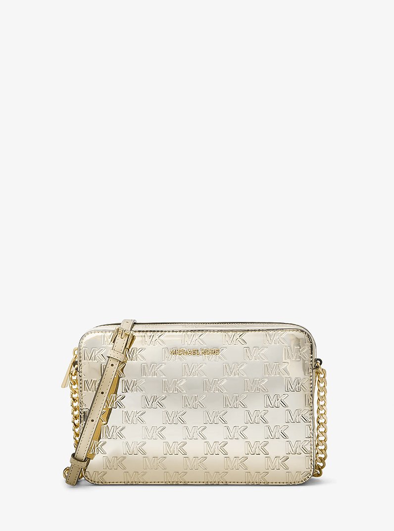 Bandolera Jet Set Grande de charol con logotipo en relieve in DORADO P&Aacute;LIDO | Michael Kors