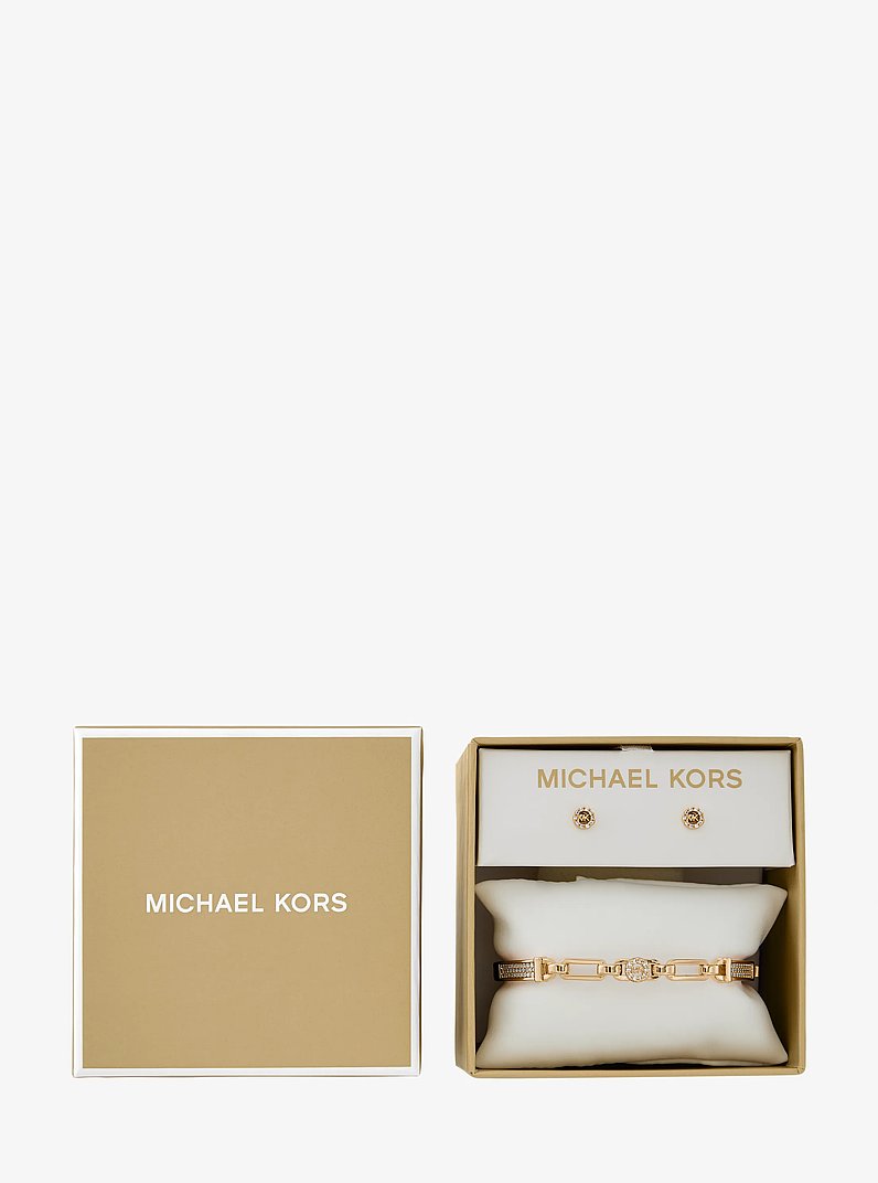 Pav&eacute; Logo Bangle and Stud Earrings Gift Set in GOLD | Michael Kors