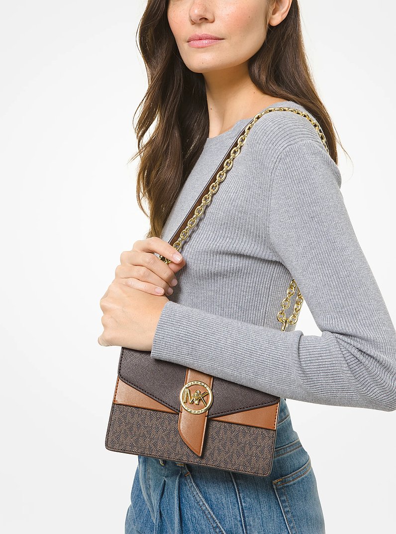 Greenwich Small Color-Block Logo and Saffiano Leather Crossbody Bag in BRN/ACORN | Michael Kors