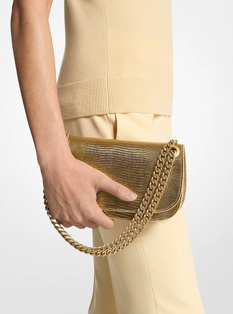 Christie Metallic Lizard Embossed Leather Envelope Bag in GOLD | Michael Kors