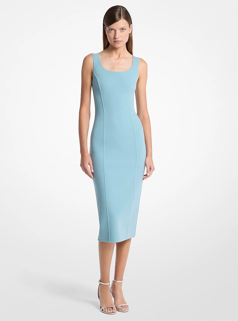 Vestido tubo de crep&eacute; de lana el&aacute;stica de doble cara con cuello redondo in CRISTAL MARINO | Michael Kors