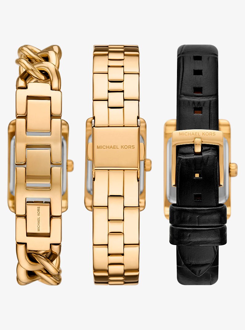 Petite Monroe Gold-Tone and Crocodile-Embossed Leather Watch Strap Set in BLACK | Michael Kors
