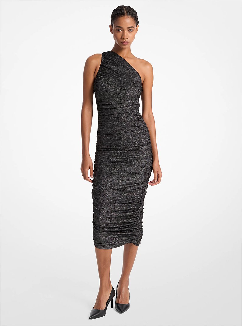 Vestido en mezcla de nailon metalizado con hombro descubierto in NEGRO/PLATEADO | Michael Kors