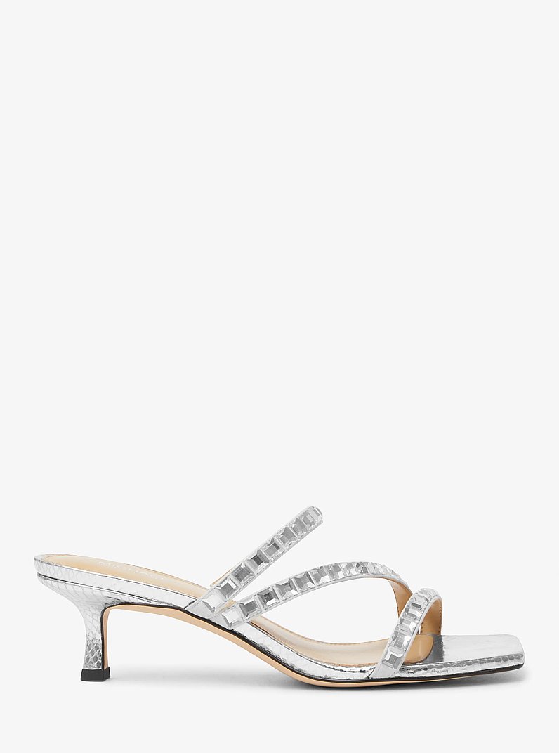 Celia Embellished Metallic Snake Embossed Kitten Sandal in SILVER | Michael Kors
