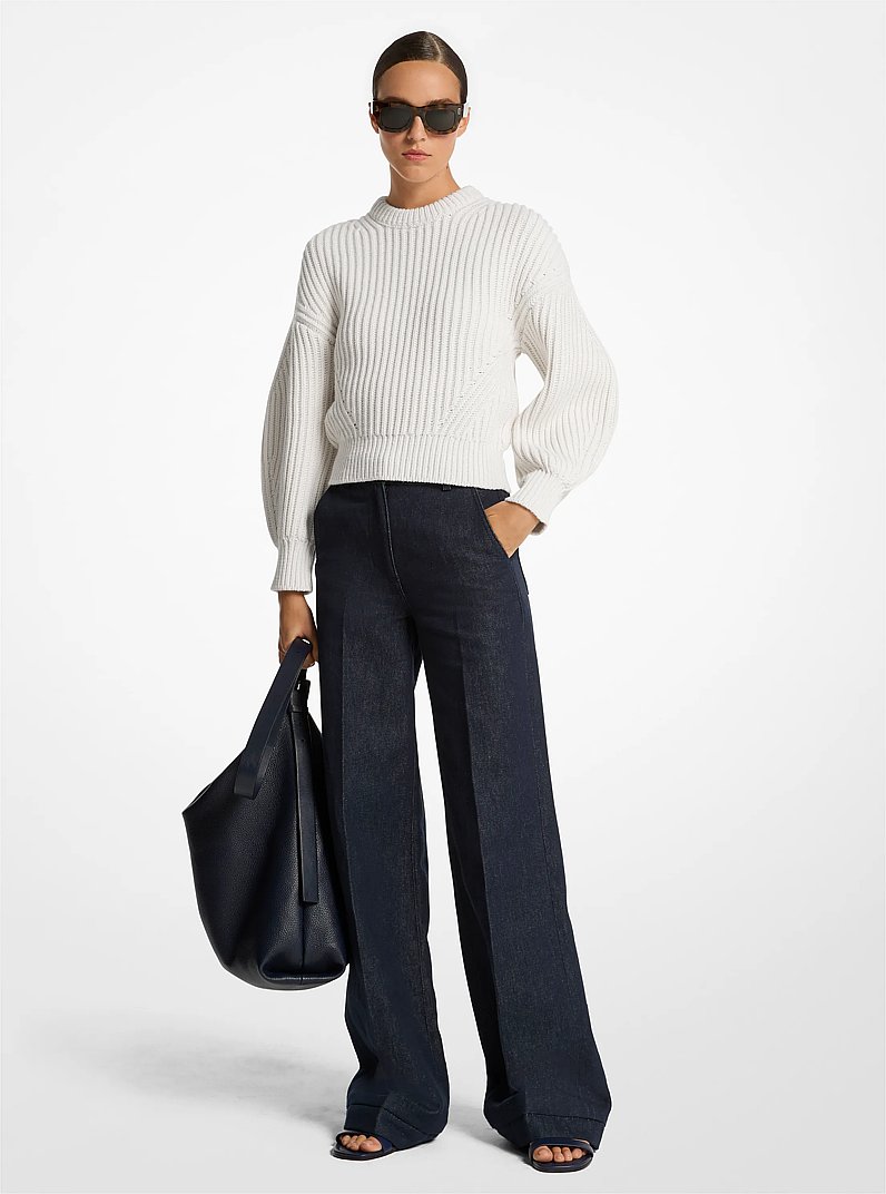 Ribbed Cotton and Cashmere Sweater in OPTIC WHITE | Michael Kors