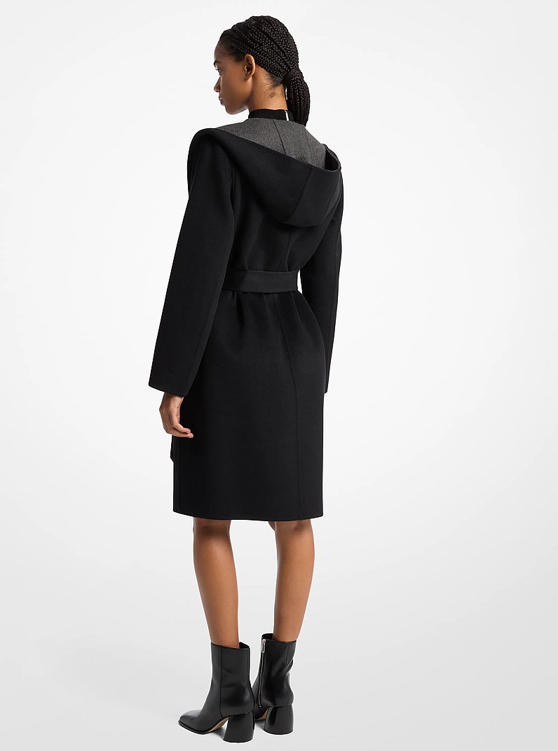 Two-Tone Wool Blend Wrap Hooded Coat